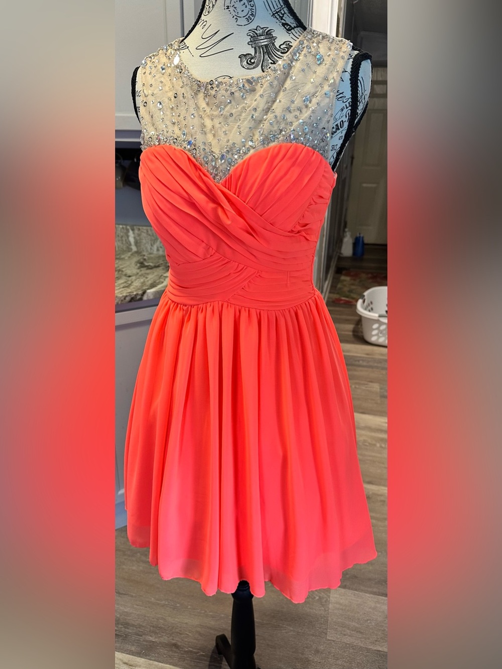 City Triangles Coral Chiffon Pleated Beaded Yoke Mini Dress